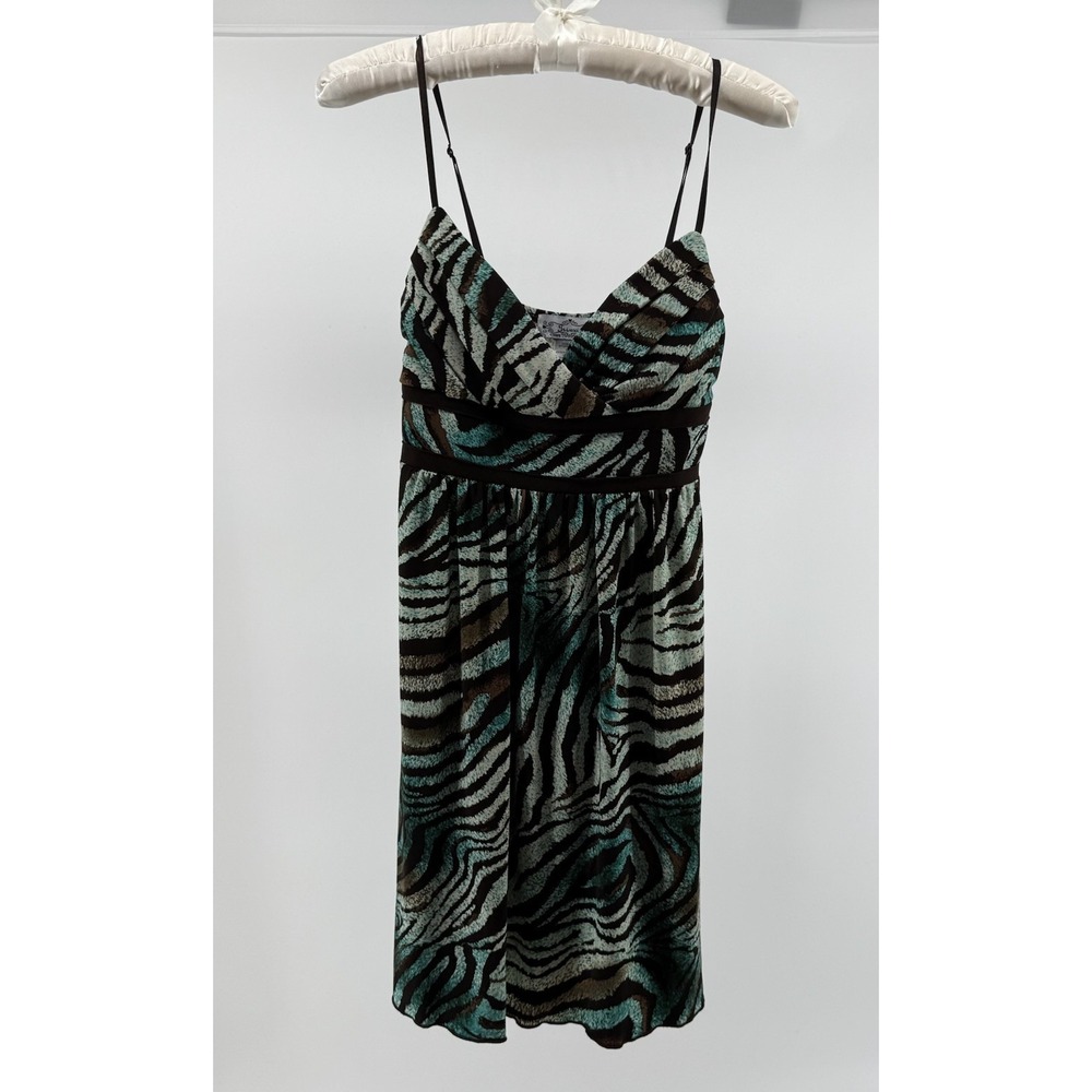 Trixxi Zebra Print Dress Small Teal Brown Animal Print Empire Waist Y2K Cami